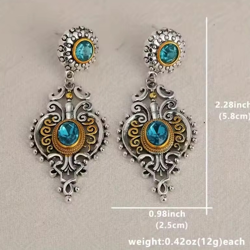 Victorian Blue Crystal Silver Drop Earrings - Picture 5 of 6